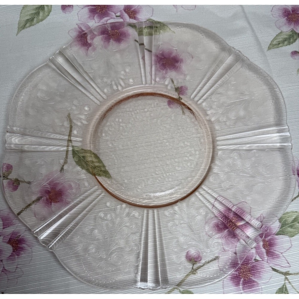 Vintage Depression Glass Light Pink Serving Plate Platter 12" Floral Embossed